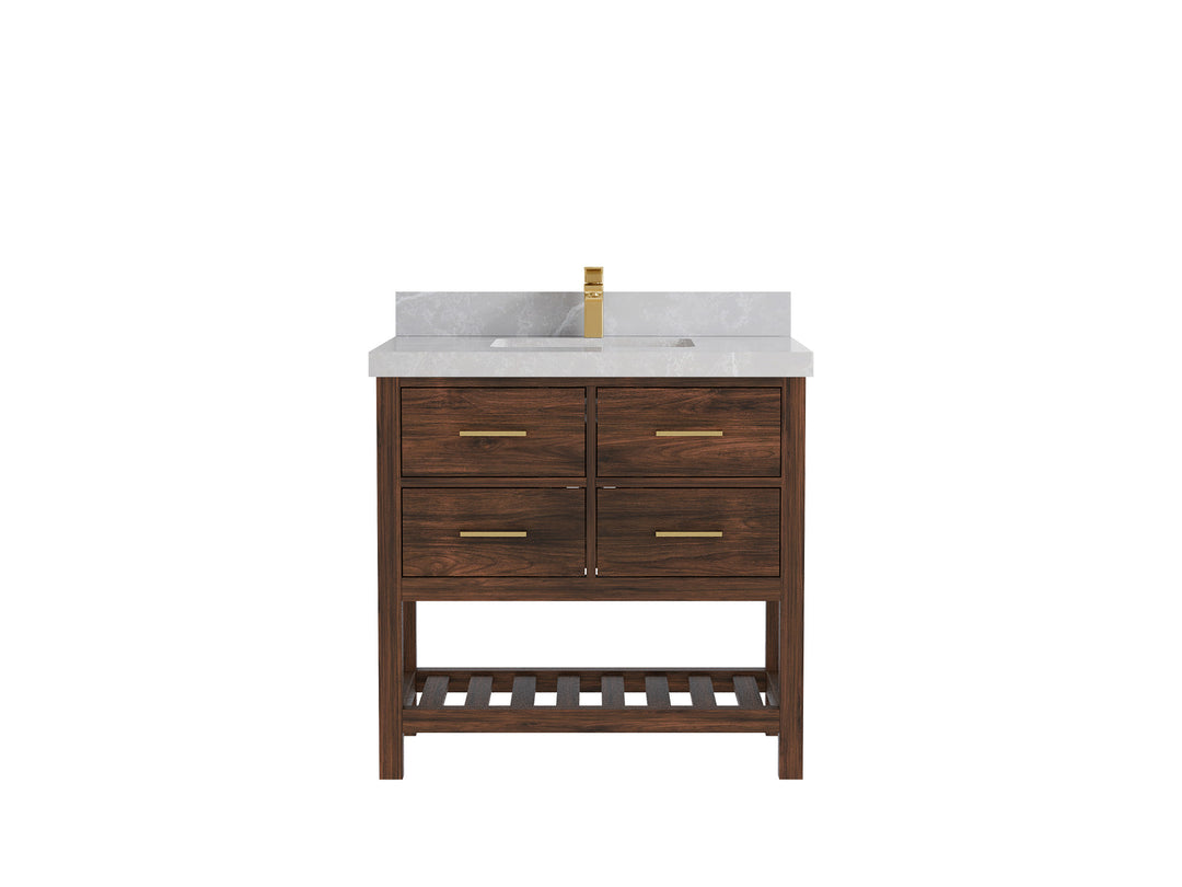 Parker Teak  36 in. W x 22 in. D Center Sink Bathroom Vanity in Dark Walnut with 2 in Pearl Light Gray Quartz Countertop