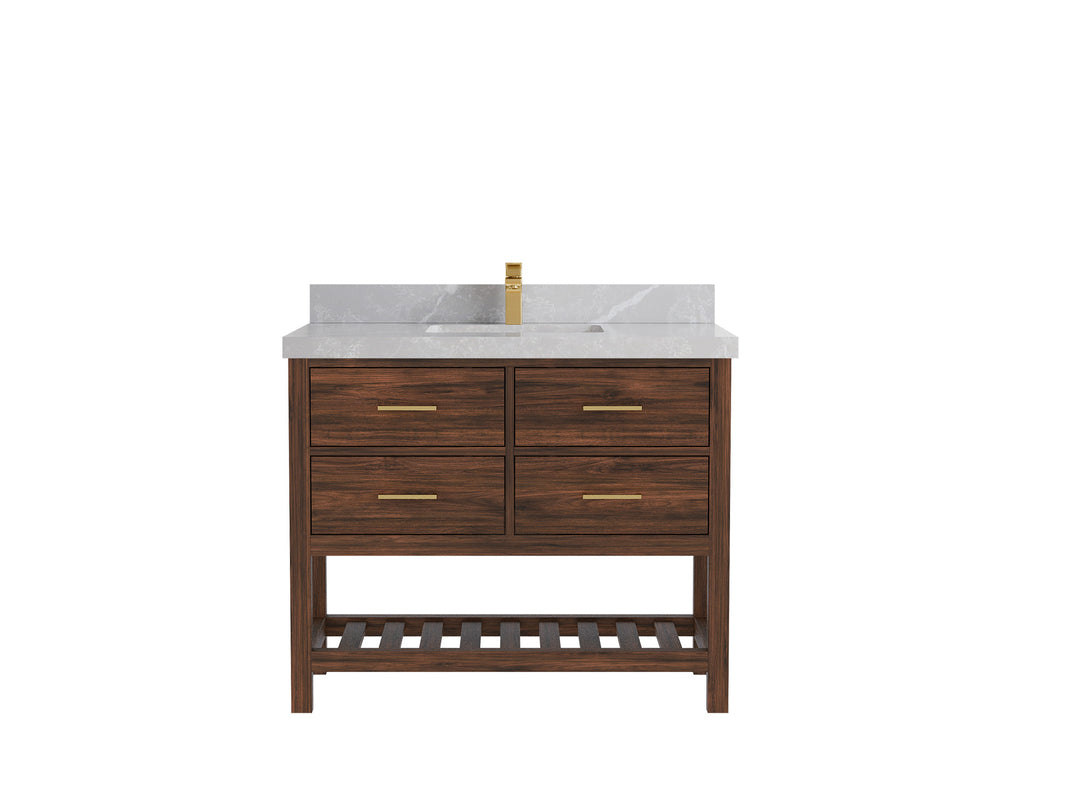 Parker Teak  42 in. W x 22 in. D Single Sink Bathroom Vanity in Dark Walnut with 2 in Pearl Light Gray Quartz Countertop