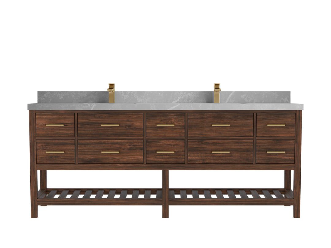 Parker Teak 84 in. W x 22 in. D double Sink Bathroom Vanity in Dark Walnut with 2 in Pearl Light Gray Quartz Countertop