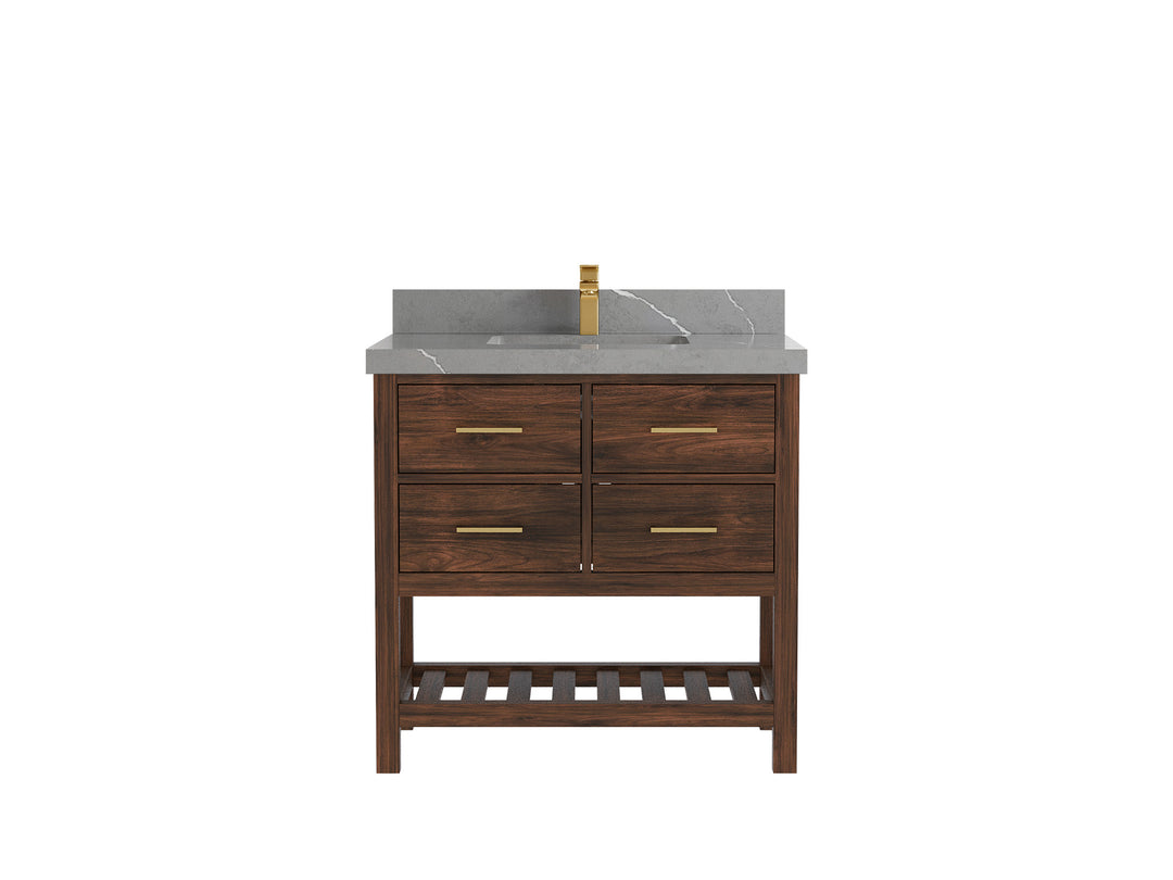 Parker Teak  36 in. W x 22 in. D Center Sink Bathroom Vanity in Dark Walnut with 2 in Piatra Gray Quartz Countertop