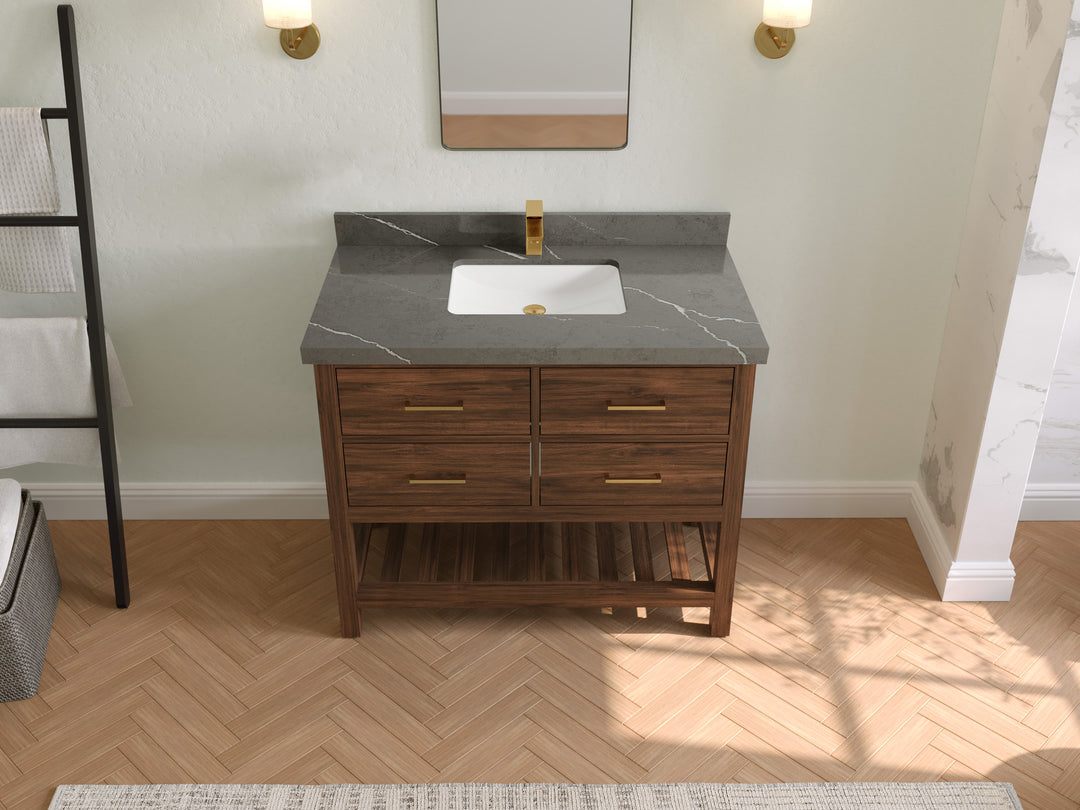 Parker Teak  42 in. W x 22 in. D Single Sink Bathroom Vanity in Dark Walnut with 2 in Piatra Gray Quartz Countertop – Top View