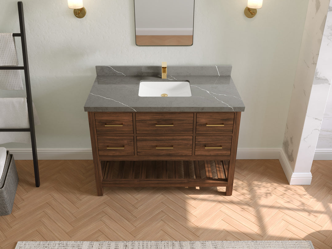 Parker Teak  48 in. W x 22 in. D Single Sink Bathroom Vanity in Dark Walnut with 2 in Piatra Gray Quartz Countertop – Top View
