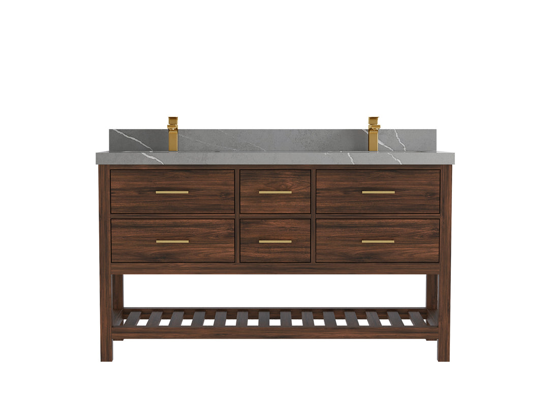 Parker Teak 60 in. W x 22 in. D double Sink Bathroom Vanity in Dark Walnut with 2 in Piatra Gray Quartz Countertop