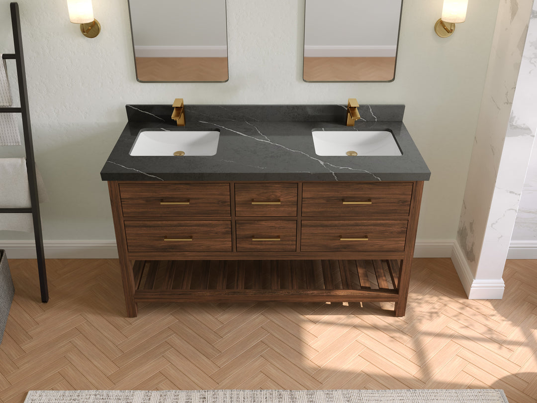 Parker Teak 60 in. W x 22 in. D double Sink Bathroom Vanity in Dark Walnut with 2 in Piatra Gray Quartz Countertop – Top View