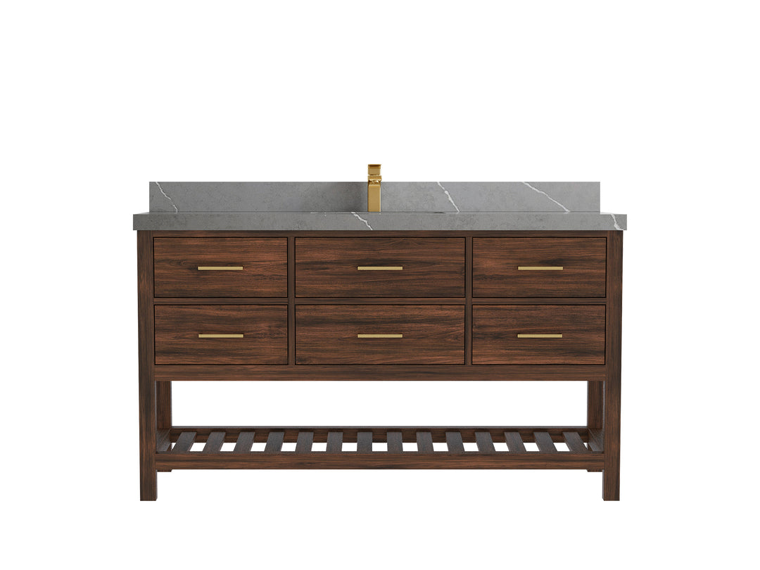 Parker Teak  60 in. W x 22 in. D Single Sink Bathroom Vanity in Dark Walnut with 2 in Piatra Gray Quartz Countertop