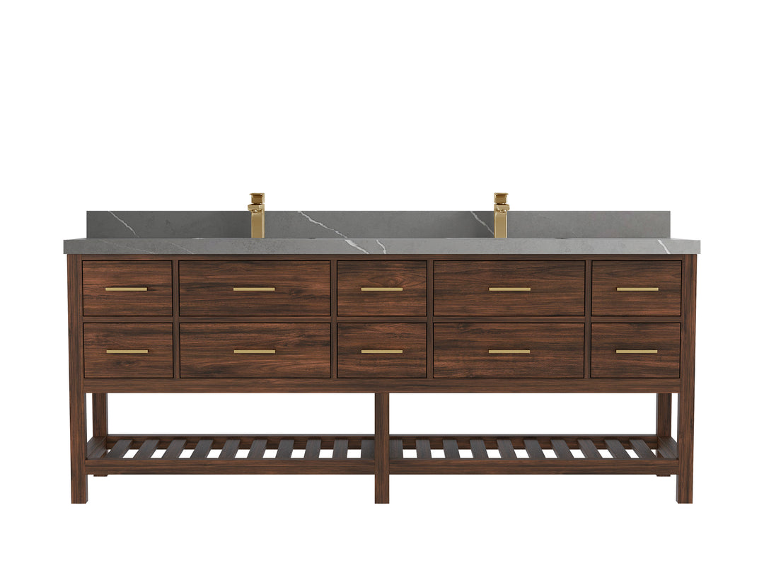 Parker Teak 84 in. W x 22 in. D double Sink Bathroom Vanity in Dark Walnut with 2 in Piatra Gray Quartz Countertop