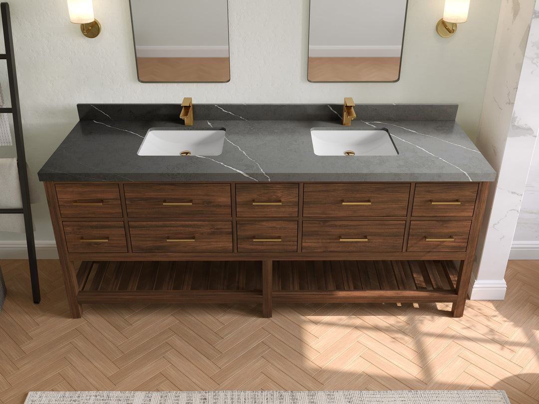 Parker Teak 84 in. W x 22 in. D double Sink Bathroom Vanity in Dark Walnut with 2 in Piatra Gray Quartz Countertop – Top View