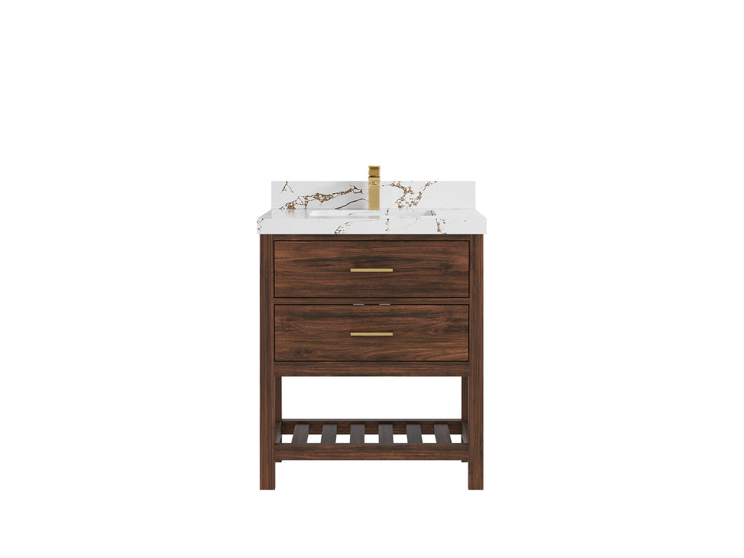 Parker Teak  30 in. W x 22 in. D Single Sink Bathroom Vanity in Dark Walnut with 2 in Viola Brown Quartz Countertop