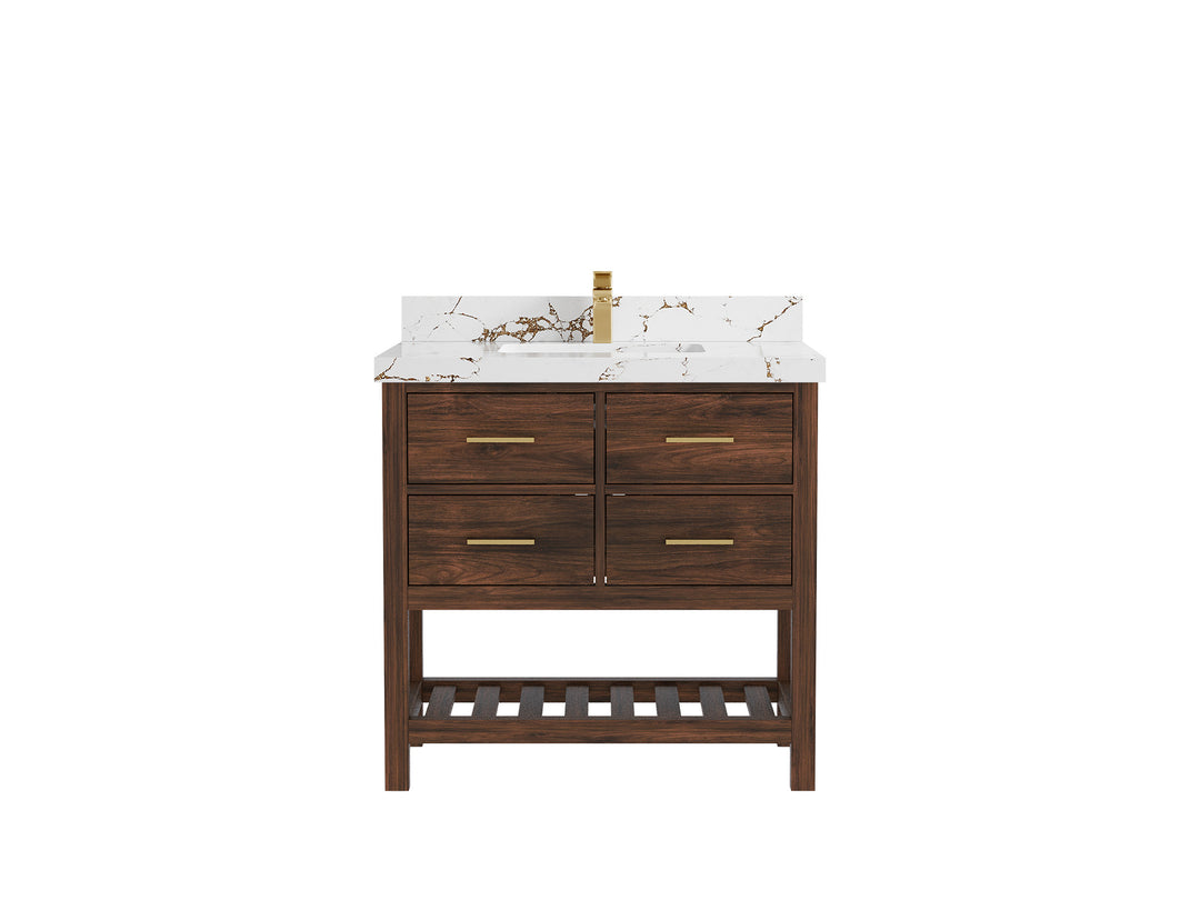 Parker Teak  36 in. W x 22 in. D Center Sink Bathroom Vanity in Dark Walnut with 2 in Viola Brown Quartz Countertop