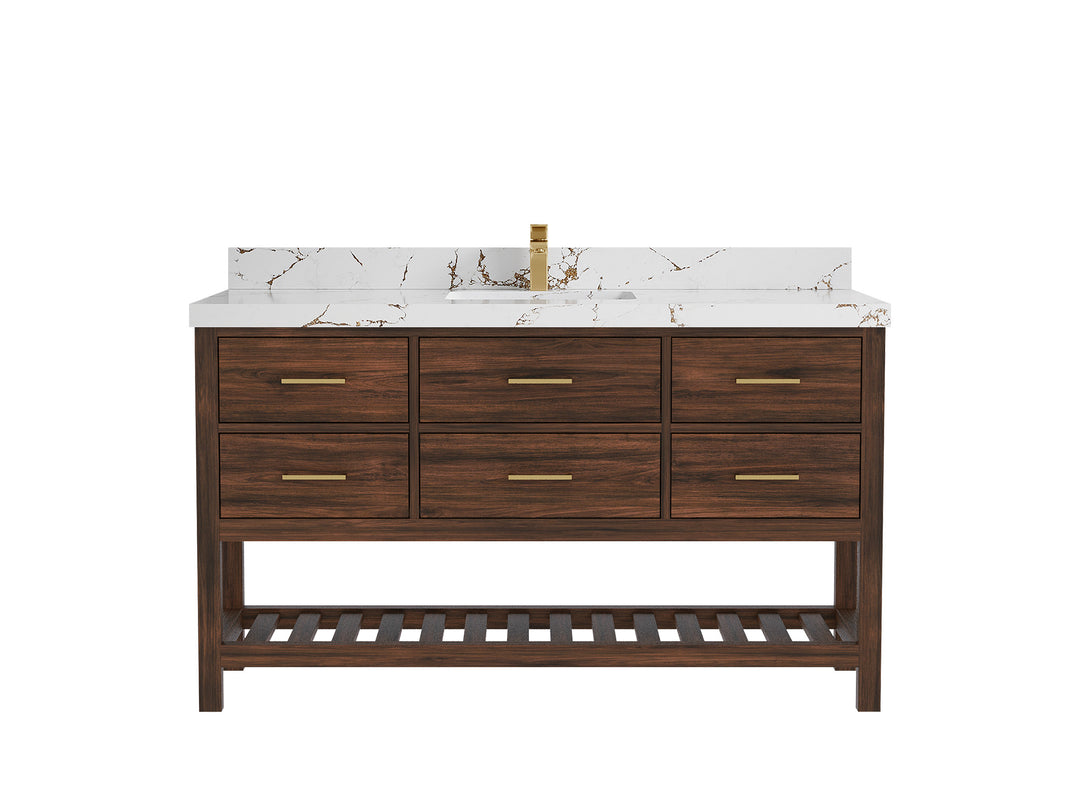 Parker Teak  60 in. W x 22 in. D Single Sink Bathroom Vanity in Dark Walnut with 2 in Viola Brown Quartz Countertop