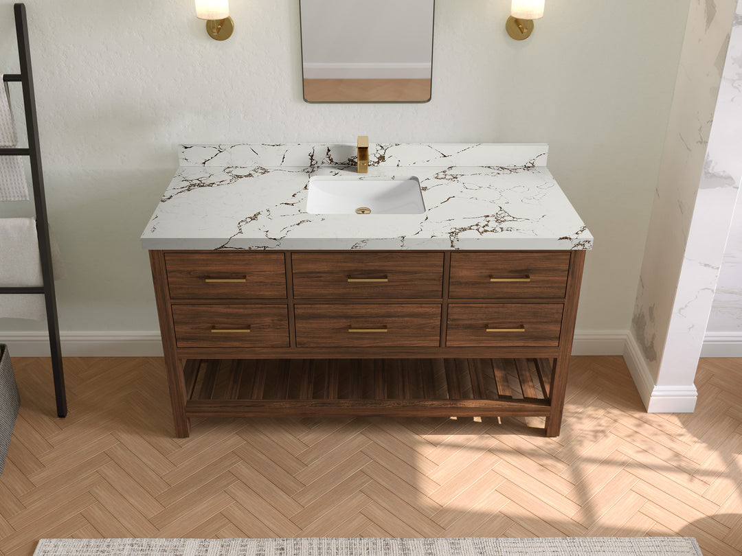 Parker Teak  60 in. W x 22 in. D Single Sink Bathroom Vanity in Dark Walnut with 2 in Viola Brown Quartz Countertop – Top View