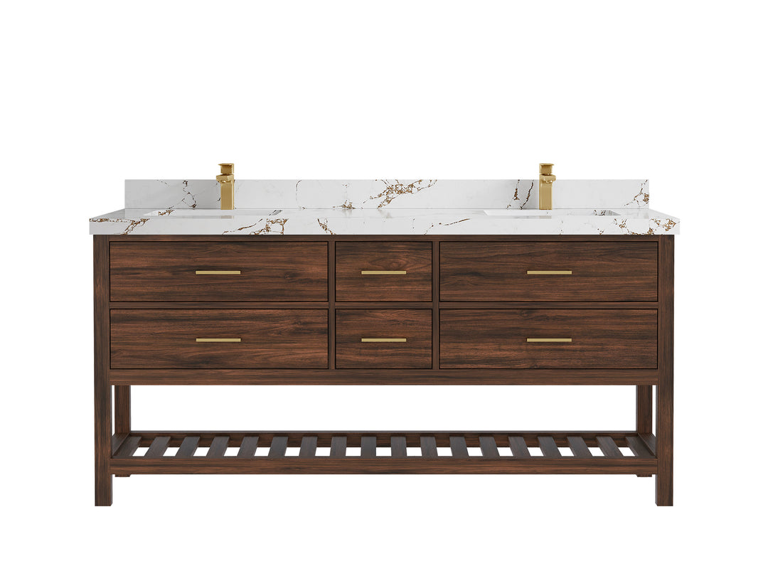 Parker Teak 72 in. W x 22 in. D double Sink Bathroom Vanity in Dark Walnut with 2 in Viola Brown Quartz Countertop