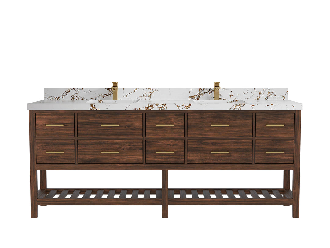 Parker Teak 84 in. W x 22 in. D double Sink Bathroom Vanity in Dark Walnut with 2 in Viola Brown Quartz Countertop