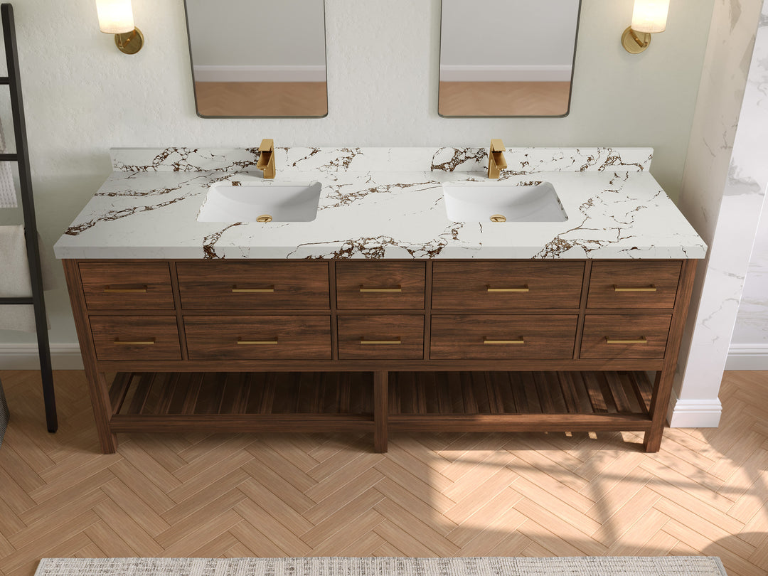 Parker Teak 84 in. W x 22 in. D double Sink Bathroom Vanity in Dark Walnut with 2 in Viola Brown Quartz Countertop – Top View