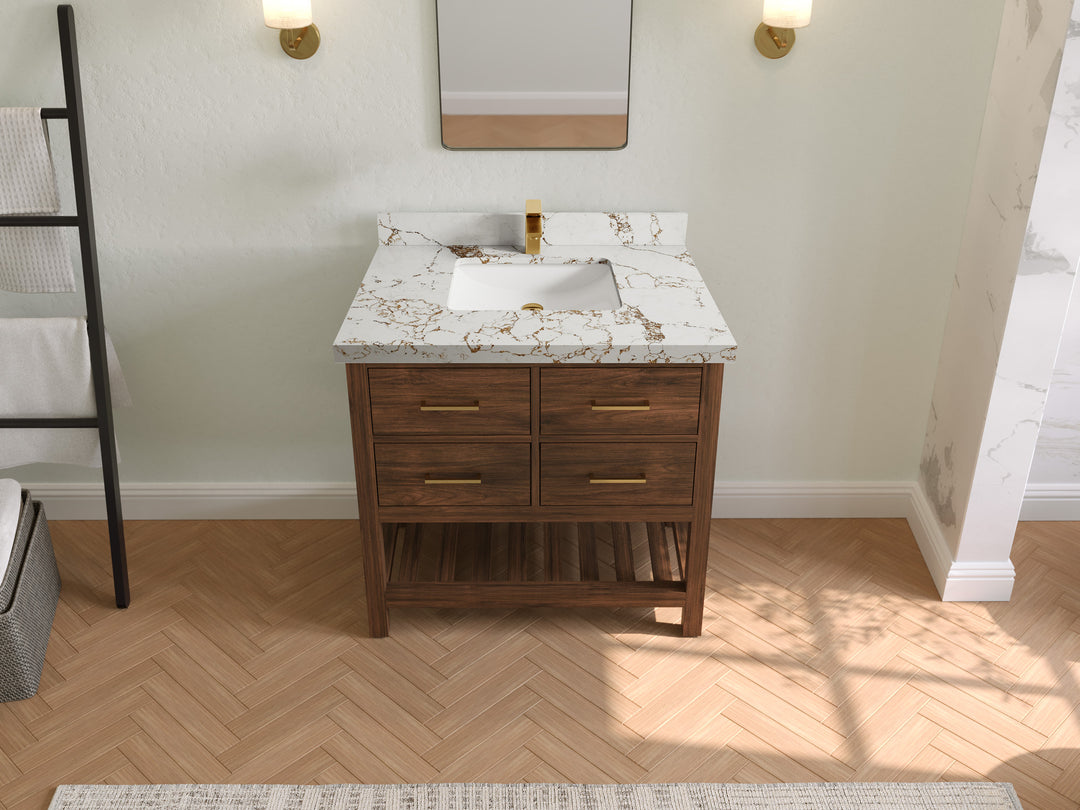 Parker Teak  36 in. W x 22 in. D Center Sink Bathroom Vanity in Dark Walnut with 2 in Viola Gold Quartz Countertop – Top View