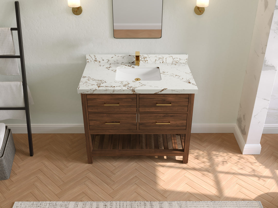 Parker Teak  42 in. W x 22 in. D Single Sink Bathroom Vanity in Dark Walnut with 2 in Viola Gold Quartz Countertop – Top View