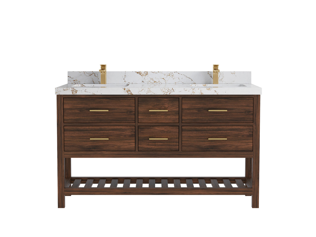 Parker Teak 60 in. W x 22 in. D double Sink Bathroom Vanity in Dark Walnut with 2 in Viola Gold Quartz Countertop