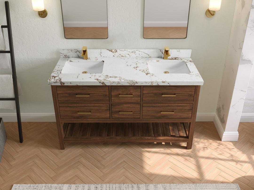 Parker Teak 60 in. W x 22 in. D double Sink Bathroom Vanity in Dark Walnut with 2 in Viola Gold Quartz Countertop – Top View