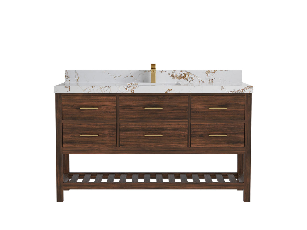 Parker Teak  60 in. W x 22 in. D Single Sink Bathroom Vanity in Dark Walnut with 2 in Viola Gold Quartz Countertop