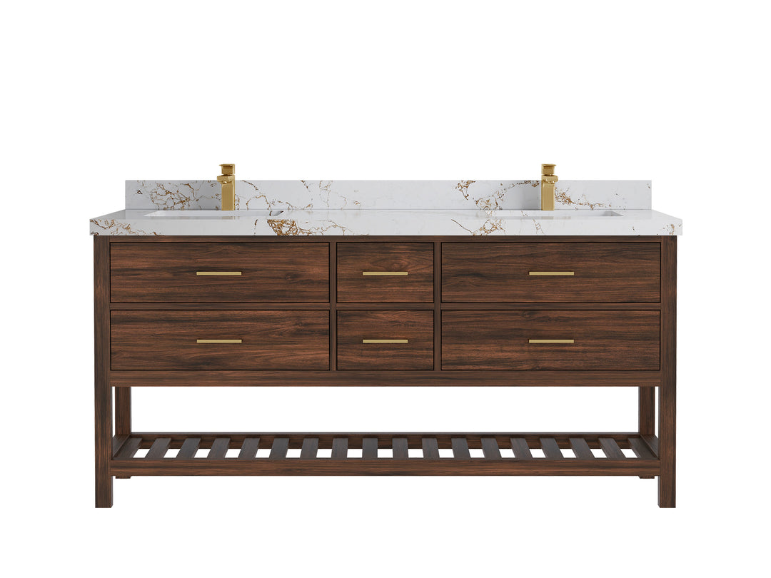Parker Teak 72 in. W x 22 in. D double Sink Bathroom Vanity in Dark Walnut with 2 in Viola Gold Quartz Countertop