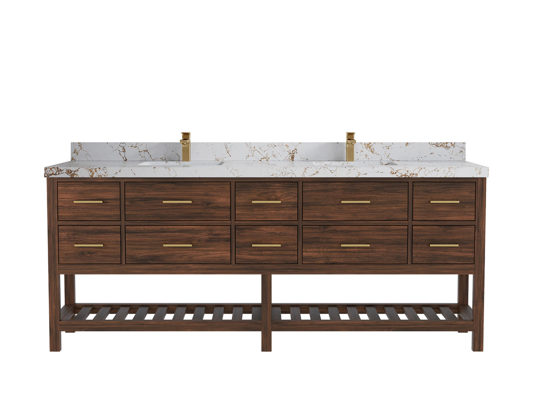 Parker Teak 84 in. W x 22 in. D double Sink Bathroom Vanity in Dark Walnut with 2 in Viola Gold Quartz Countertop