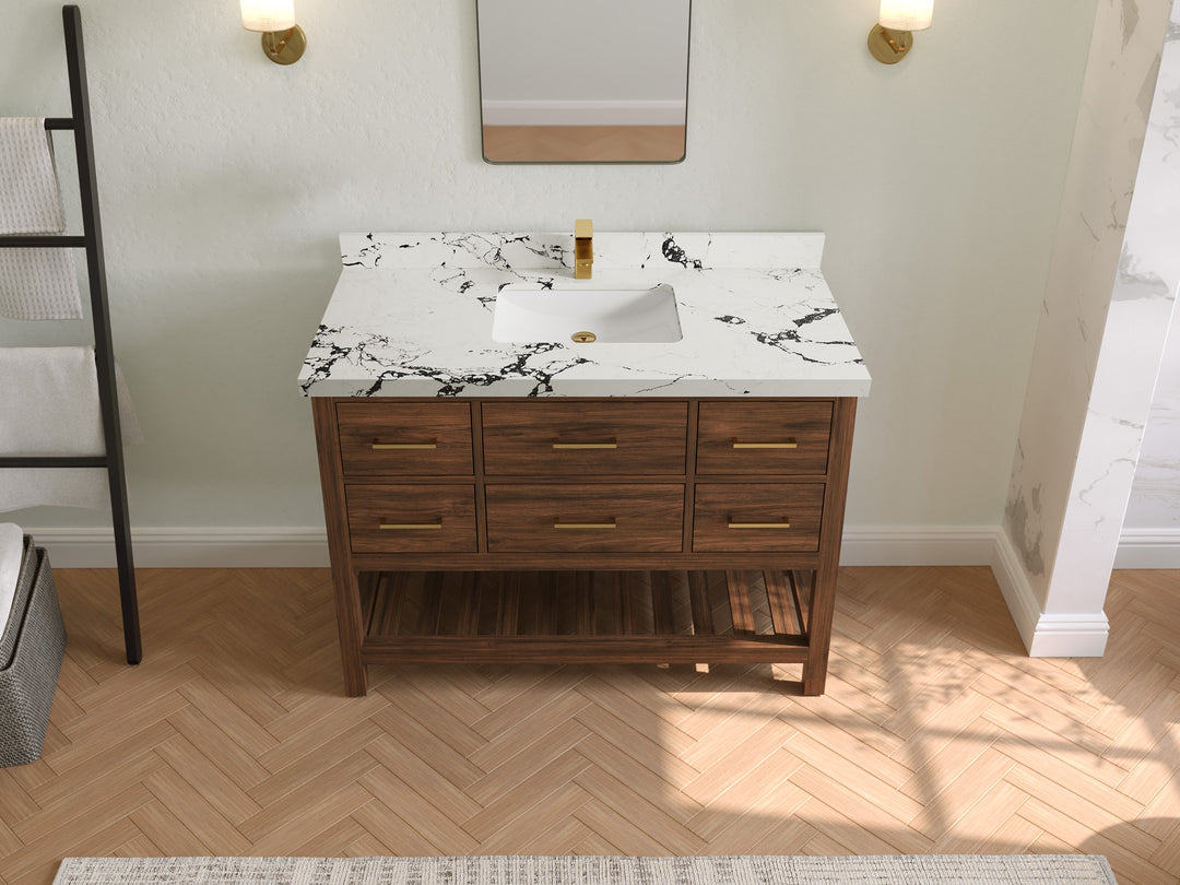 Parker Teak  48 in. W x 22 in. D Single Sink Bathroom Vanity in Dark Walnut with 2 in Viola Night Quartz Countertop – Top View