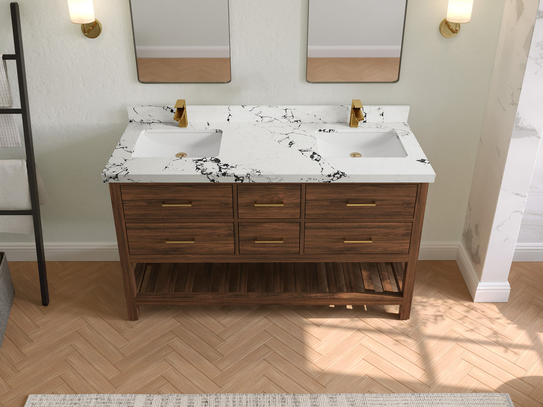 Parker Teak 60 in. W x 22 in. D double Sink Bathroom Vanity in Dark Walnut with 2 in Viola Night Quartz Countertop – Top View