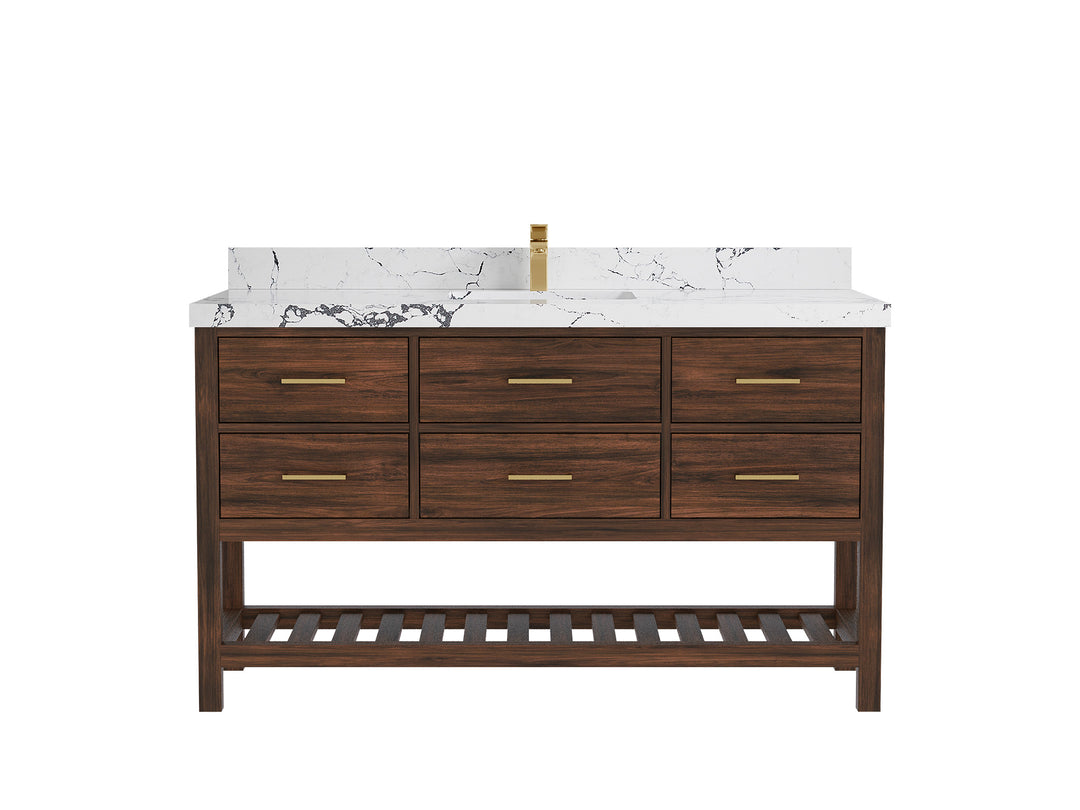 Parker Teak  60 in. W x 22 in. D Single Sink Bathroom Vanity in Dark Walnut with 2 in Viola Night Quartz Countertop