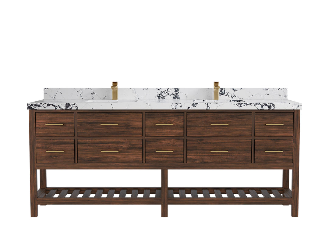 Parker Teak 84 in. W x 22 in. D double Sink Bathroom Vanity in Dark Walnut with 2 in Viola Night Quartz Countertop