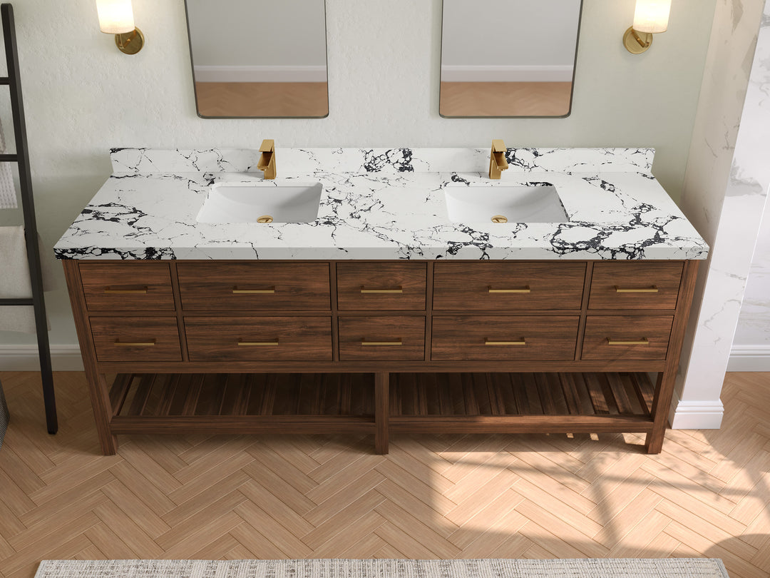 Parker Teak 84 in. W x 22 in. D double Sink Bathroom Vanity in Dark Walnut with 2 in Viola Night Quartz Countertop – Top View