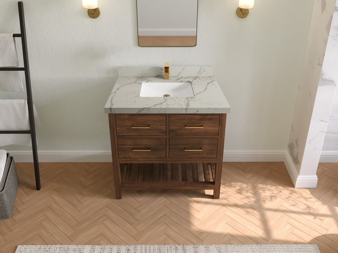 Parker Teak  36 in. W x 22 in. D Center Sink Bathroom Vanity in Dark Walnut with 2 in Venatino Quartz Countertop – Top View
