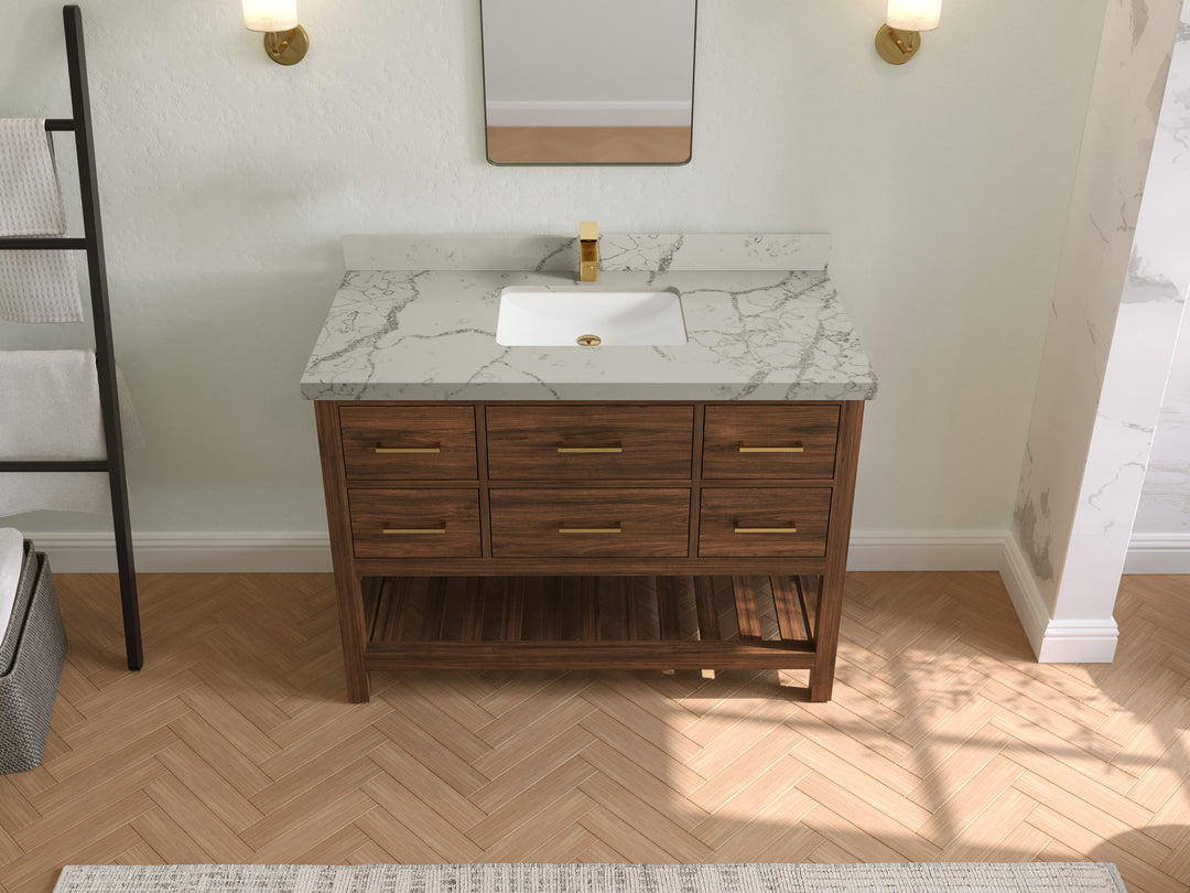 Parker Teak  48 in. W x 22 in. D Single Sink Bathroom Vanity in Dark Walnut with 2 in Venatino Quartz Countertop – Top View