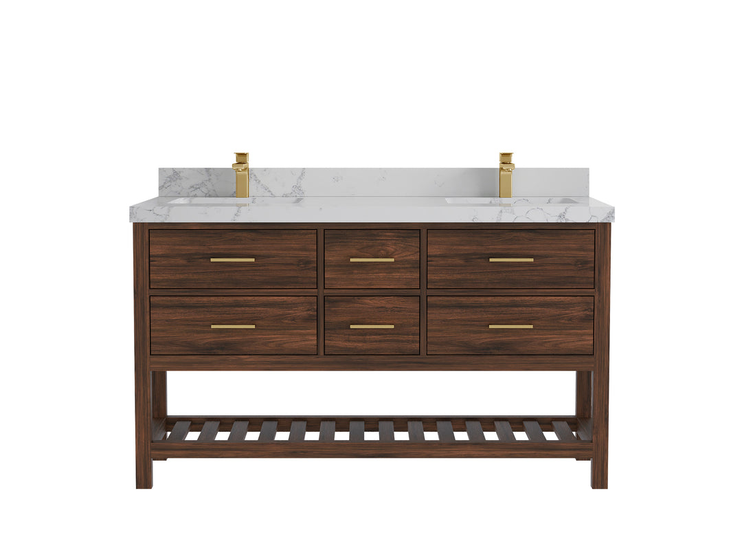 Parker Teak 60 in. W x 22 in. D double Sink Bathroom Vanity in Dark Walnut with 2 in Venatino Quartz Countertop