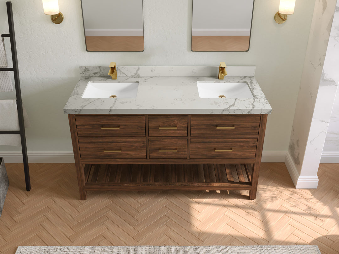 Parker Teak 60 in. W x 22 in. D double Sink Bathroom Vanity in Dark Walnut with 2 in Venatino Quartz Countertop – Top View