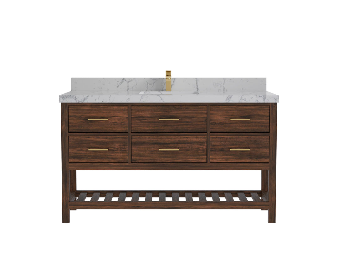Parker Teak  60 in. W x 22 in. D Single Sink Bathroom Vanity in Dark Walnut with 2 in Venatino Quartz Countertop