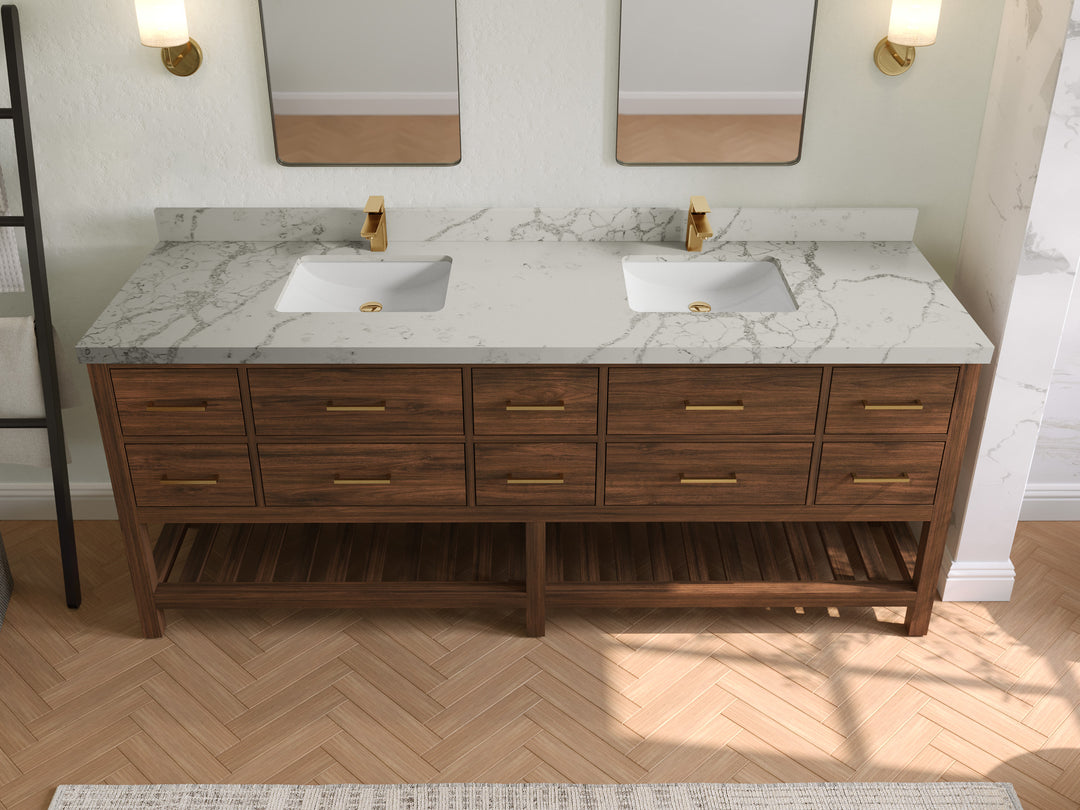 Parker Teak 84 in. W x 22 in. D double Sink Bathroom Vanity in Dark Walnut with 2 in Venatino Quartz Countertop – Top View
