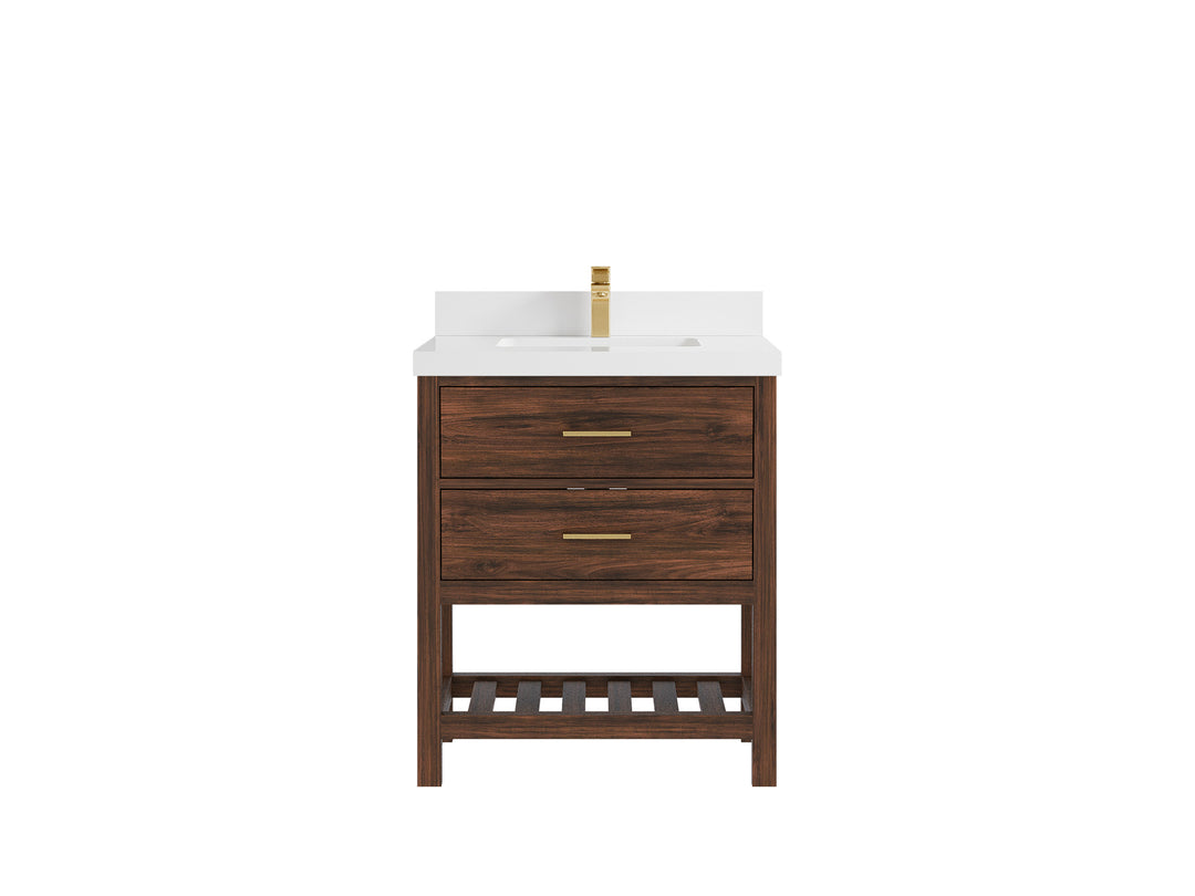 Parker Teak  30 in. W x 22 in. D Single Sink Bathroom Vanity in Dark Walnut with 2 in White Quartz Countertop