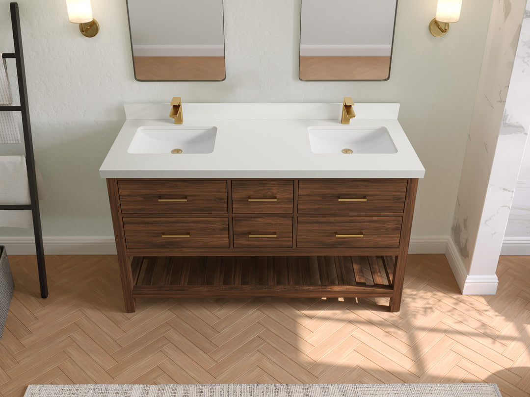 Parker Teak 60 in. W x 22 in. D double Sink Bathroom Vanity in Dark Walnut with 2 in White Quartz Countertop – Top View