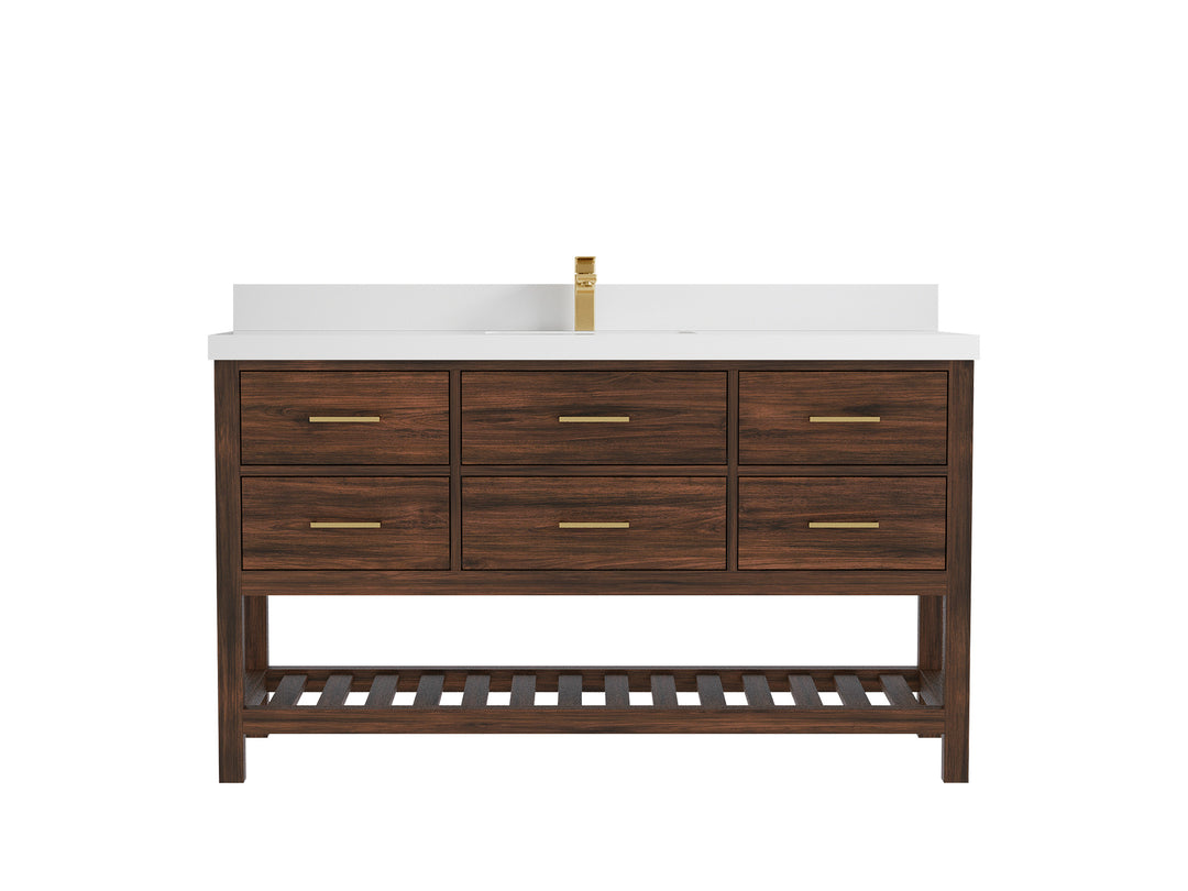 Parker Teak  60 in. W x 22 in. D Single Sink Bathroom Vanity in Dark Walnut with 2 in White Quartz Countertop