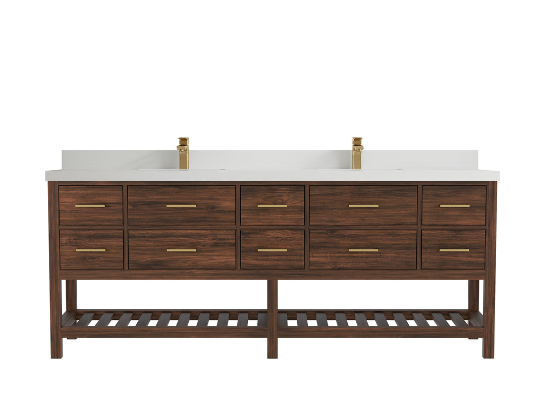 Parker Teak 84 in. W x 22 in. D double Sink Bathroom Vanity in Dark Walnut with 2 in White Quartz Countertop