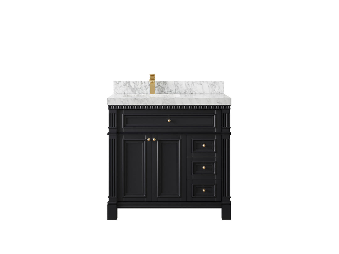 Paris 36 in. W x 22 in. D Left Offset Sink Bathroom Vanity in Black with 2 in Carrara Marble Countertop