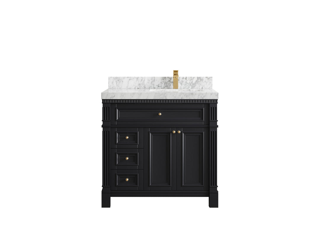 Paris 36 in. W x 22 in. D Right  Offset Sink Bathroom Vanity in Black   with 2 in Carrara Marble Countertop