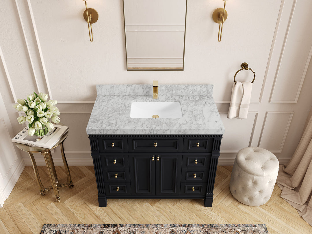 Paris 42 in. W x 22 in. D Single Sink Bathroom Vanity in Black with 2 in Carrara Marble Countertop – Top View