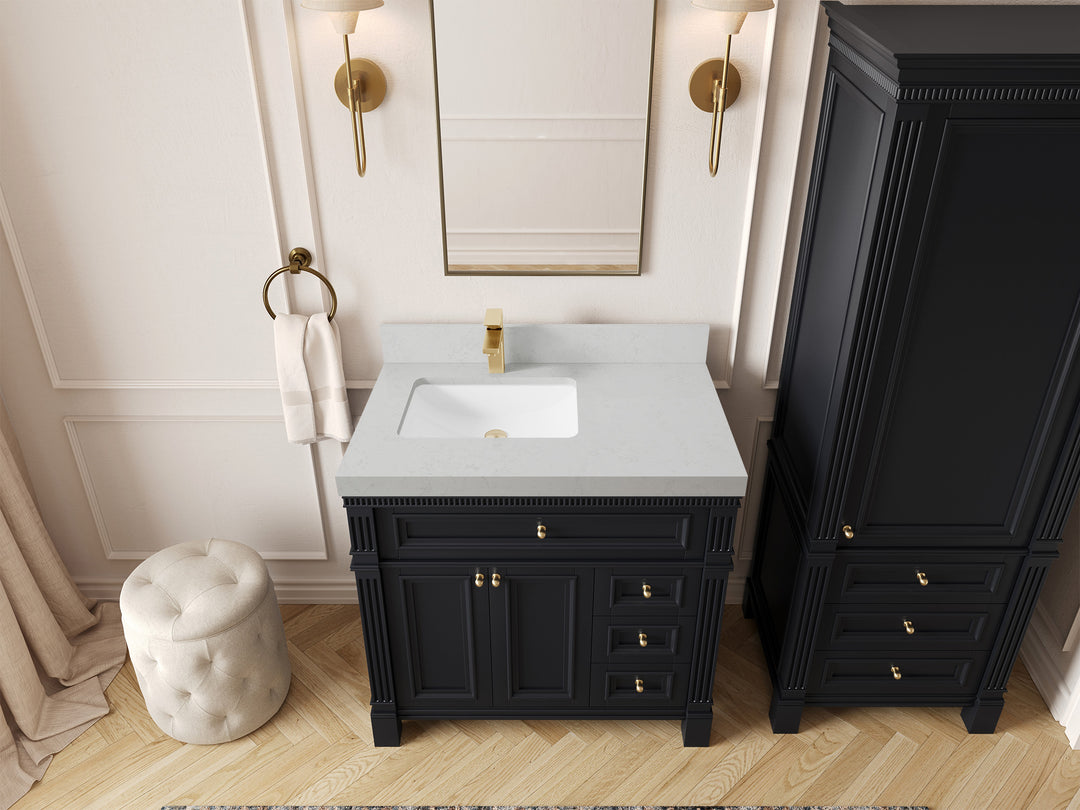 Paris 36 in. W x 22 in. D Left Offset Sink Bathroom Vanity in Black with 2 in Carrara Quartz Countertop – Top View