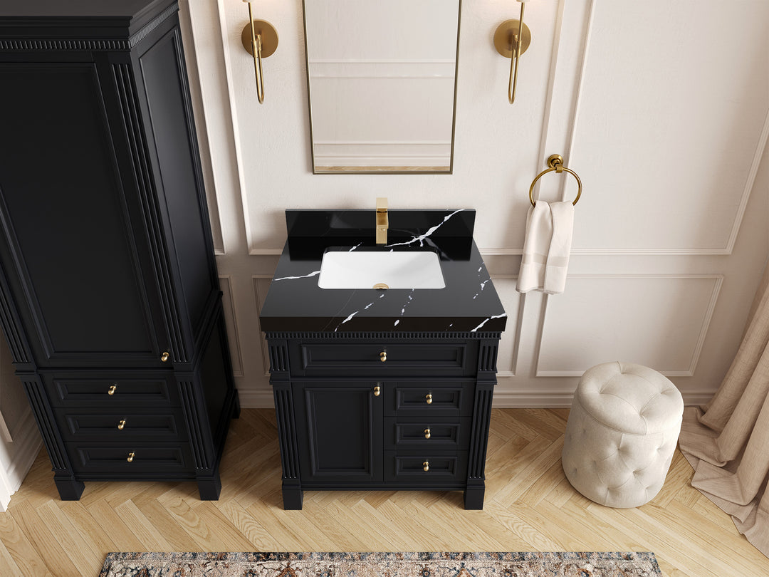 Paris 30 in. W x 22 in. D Single Sink Bathroom Vanity in Black with 2 in Calacatta Black Quartz Countertop – Top View