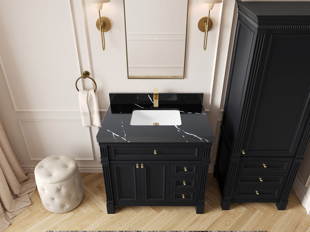 Paris 36 in. W x 22 in. D Center Sink Bathroom Vanity in  Black with 2 in Calacatta Black Quartz Countertop – Top View