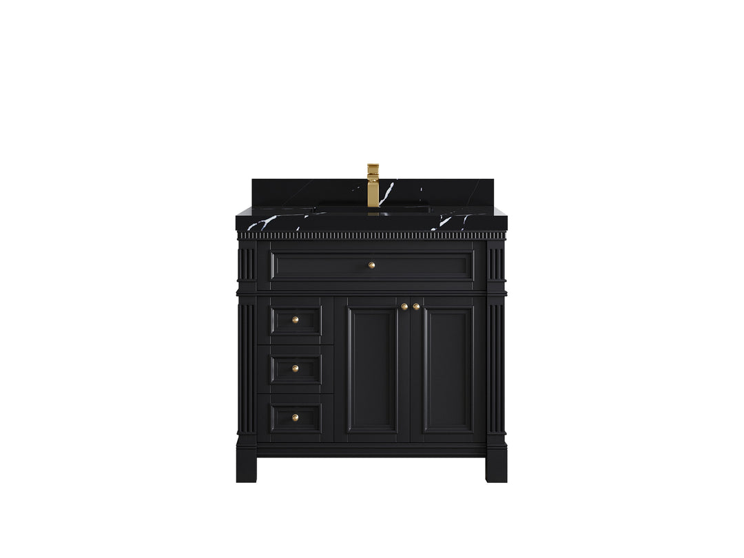Paris 36 in. W x 22 in. D Center Sink Bathroom Vanity in Black with 2 in Calacatta Black Quartz Countertop