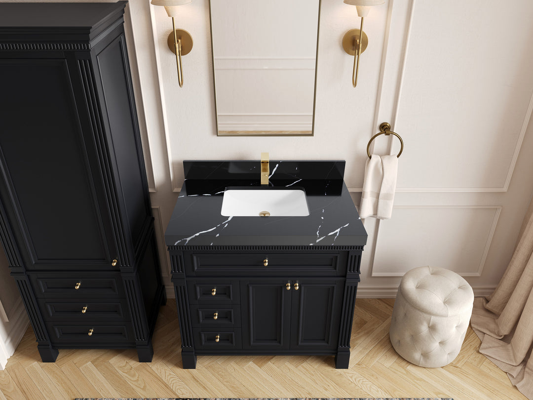 Paris 36 in. W x 22 in. D Center Sink Bathroom Vanity in Blackwith 2 in Calacatta Black Quartz Countertop – Top View