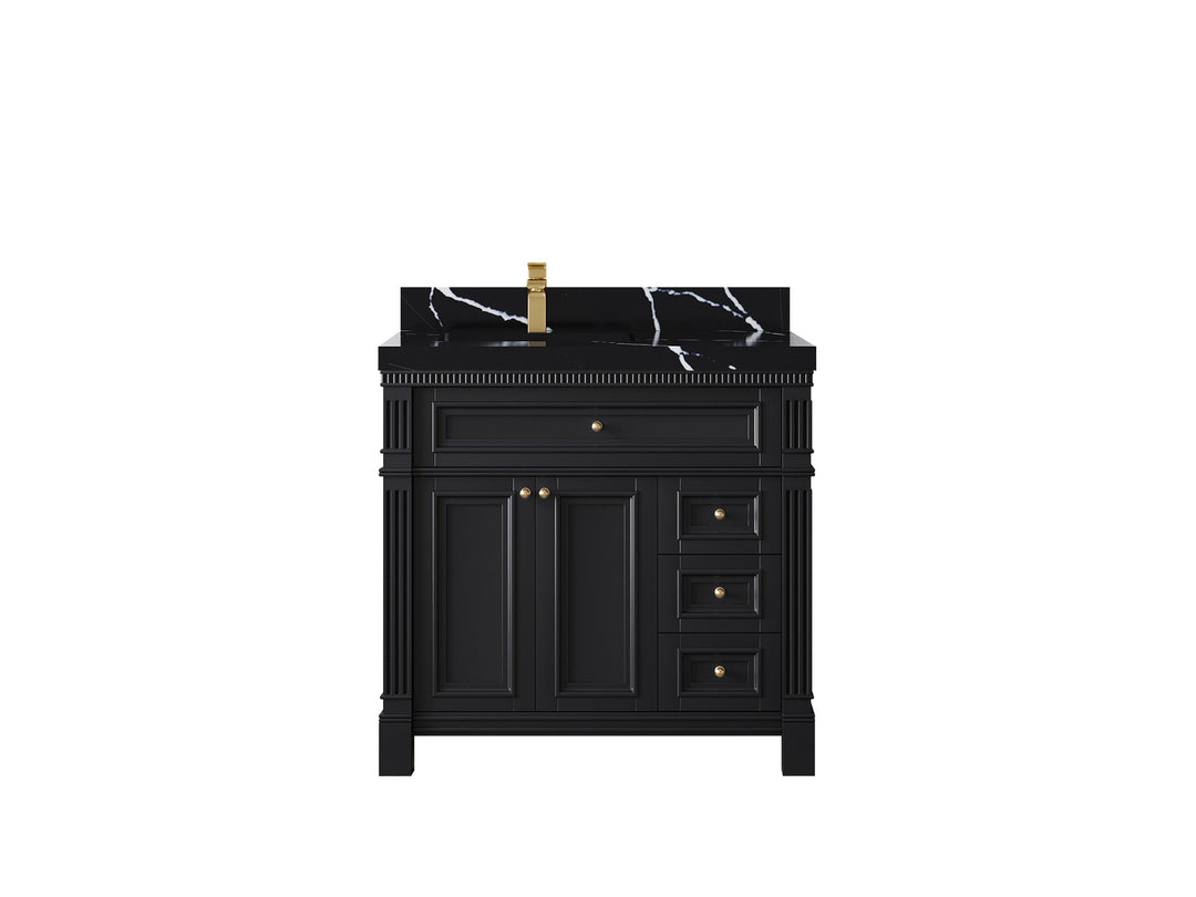 Paris 36 in. W x 22 in. D Left Offset Sink Bathroom Vanity in Black with 2 in Calacatta Black Quartz Countertop