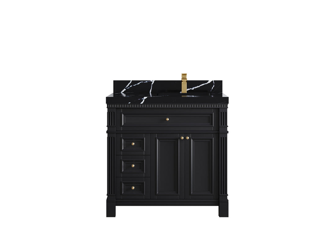 Paris 36 in. W x 22 in. D Right  Offset Sink Bathroom Vanity in Black   with 2 in Calacatta Black Quartz Countertop